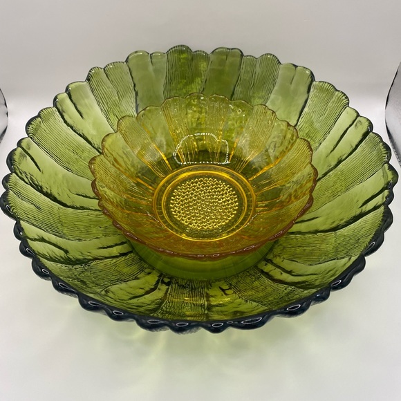 Anchor Hocking green & gold sunflower pressed glass set. Vintage 1960’s. - Picture 3 of 12